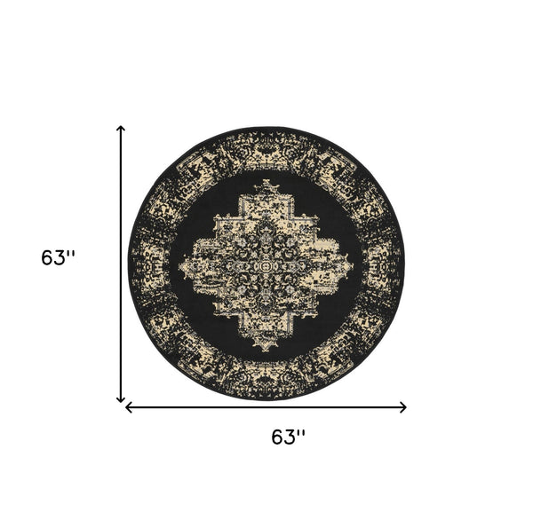 Homeroots 5' Tan And Black Medallion Distressed Non Skid Round Rug  Polypropylene 546026