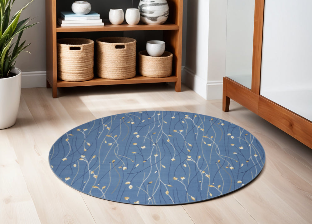 Homeroots 5' Blue And Beige Round Floral Vines Power Loom Area Rug  Polypropylene 546033