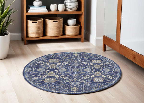 Homeroots 5' Blue And Gold Round Oriental Power Loom Area Rug  Polypropylene 546045