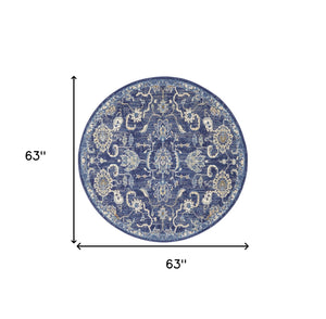 Homeroots 5' Blue And Gold Round Oriental Power Loom Area Rug  Polypropylene 546045