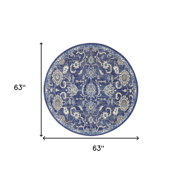 Homeroots 5' Blue And Gold Round Oriental Power Loom Area Rug  Polypropylene 546045