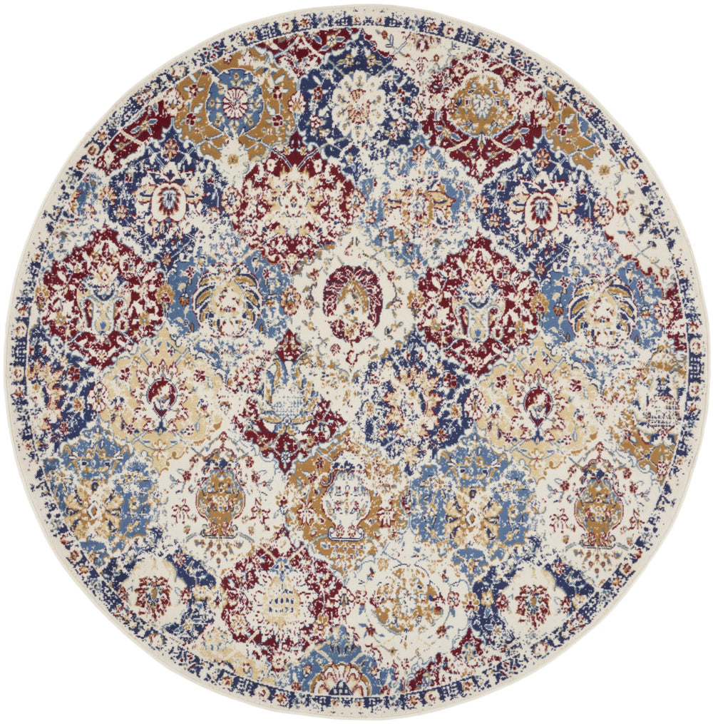 Homeroots 5' Ivory Red And Blue Ogee Distressed Non Skid Round Rug  Polypropylene 546048
