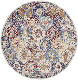 Homeroots 5' Ivory Red And Blue Ogee Distressed Non Skid Round Rug  Polypropylene 546048