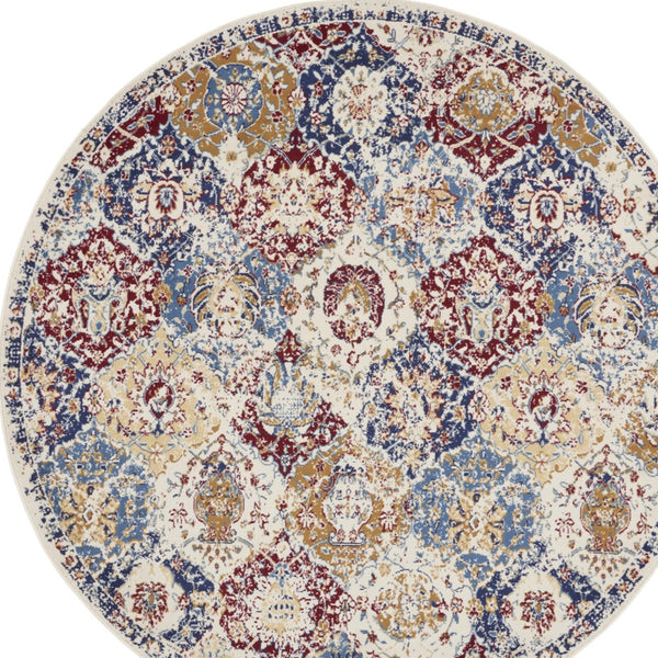 Homeroots 5' Ivory Red And Blue Ogee Distressed Non Skid Round Rug  Polypropylene 546048