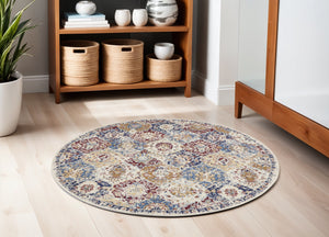 Homeroots 5' Ivory Red And Blue Ogee Distressed Non Skid Round Rug  Polypropylene 546048
