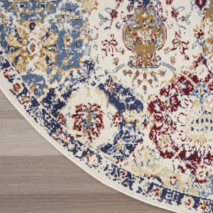 Homeroots 5' Ivory Red And Blue Ogee Distressed Non Skid Round Rug  Polypropylene 546048