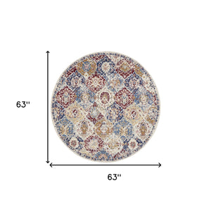 Homeroots 5' Ivory Red And Blue Ogee Distressed Non Skid Round Rug  Polypropylene 546048