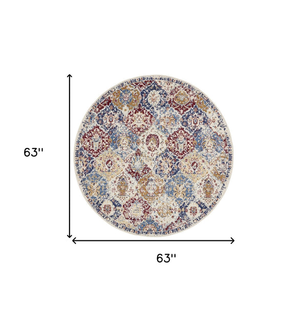 Homeroots 5' Ivory Red And Blue Ogee Distressed Non Skid Round Rug  Polypropylene 546048