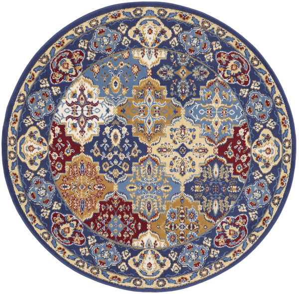 Homeroots 5' Red Blue And Light Brown Ogee Distressed Non Skid Round Rug  Polypropylene 546051