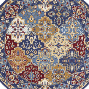 Homeroots 5' Red Blue And Light Brown Ogee Distressed Non Skid Round Rug  Polypropylene 546051