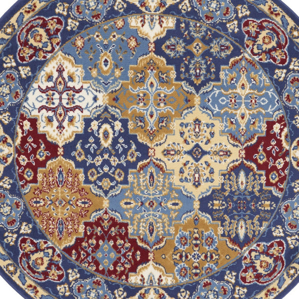 Homeroots 5' Red Blue And Light Brown Ogee Distressed Non Skid Round Rug  Polypropylene 546051