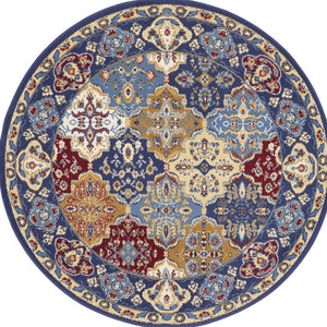 Homeroots 5' Red Blue And Light Brown Ogee Distressed Non Skid Round Rug  Polypropylene 546051