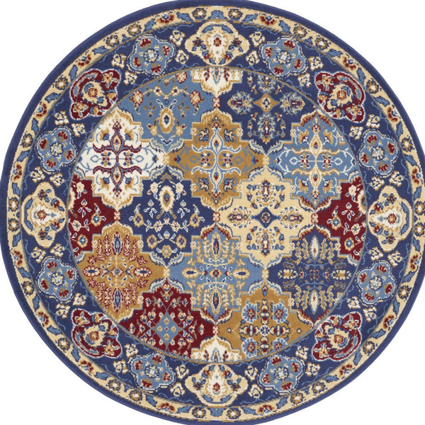 Homeroots 5' Red Blue And Light Brown Ogee Distressed Non Skid Round Rug  Polypropylene 546051