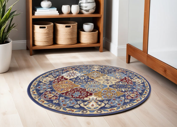Homeroots 5' Red Blue And Light Brown Ogee Distressed Non Skid Round Rug  Polypropylene 546051