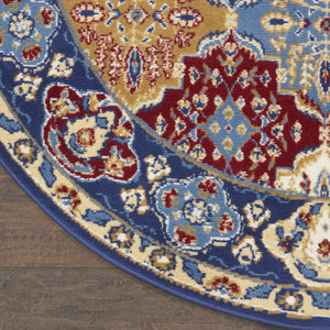 Homeroots 5' Red Blue And Light Brown Ogee Distressed Non Skid Round Rug  Polypropylene 546051