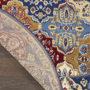 Homeroots 5' Red Blue And Light Brown Ogee Distressed Non Skid Round Rug  Polypropylene 546051