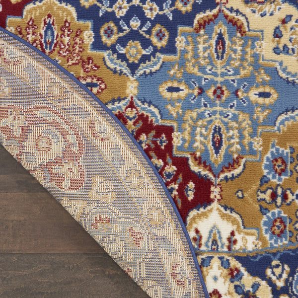 Homeroots 5' Red Blue And Light Brown Ogee Distressed Non Skid Round Rug  Polypropylene 546051