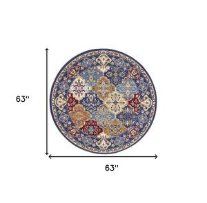Homeroots 5' Red Blue And Light Brown Ogee Distressed Non Skid Round Rug  Polypropylene 546051