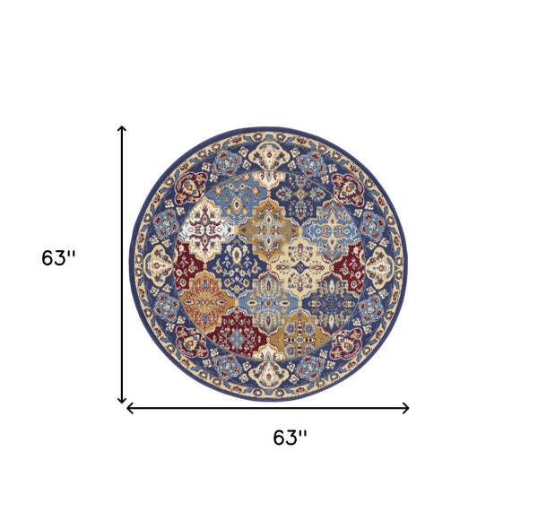 Homeroots 5' Red Blue And Light Brown Ogee Distressed Non Skid Round Rug  Polypropylene 546051