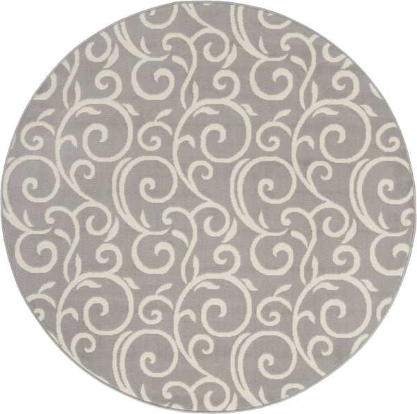 Homeroots 5' Gray And Ivory Round Floral Vines Power Loom Area Rug  Polypropylene 546057