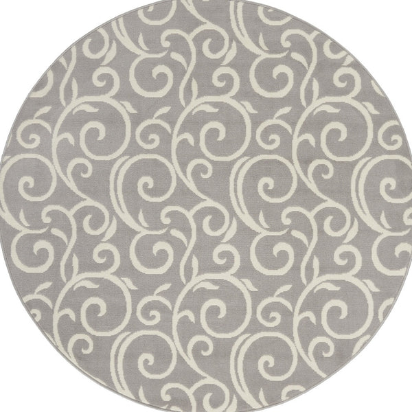 Homeroots 5' Gray And Ivory Round Floral Vines Power Loom Area Rug  Polypropylene 546057