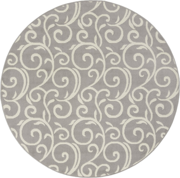 Homeroots 5' Gray And Ivory Round Floral Vines Power Loom Area Rug  Polypropylene 546057