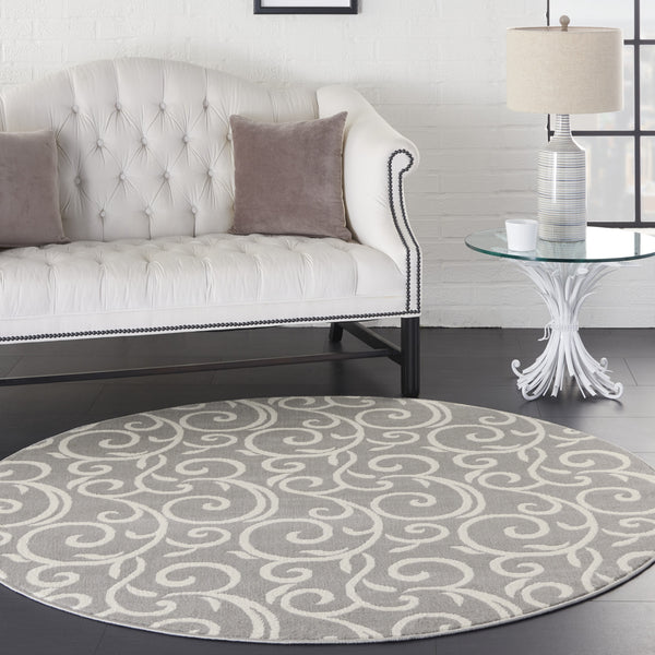 Homeroots 5' Gray And Ivory Round Floral Vines Power Loom Area Rug  Polypropylene 546057