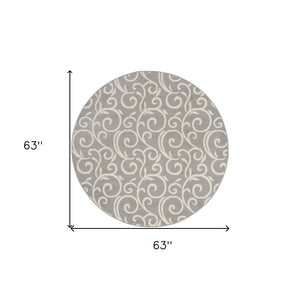Homeroots 5' Gray And Ivory Round Floral Vines Power Loom Area Rug  Polypropylene 546057