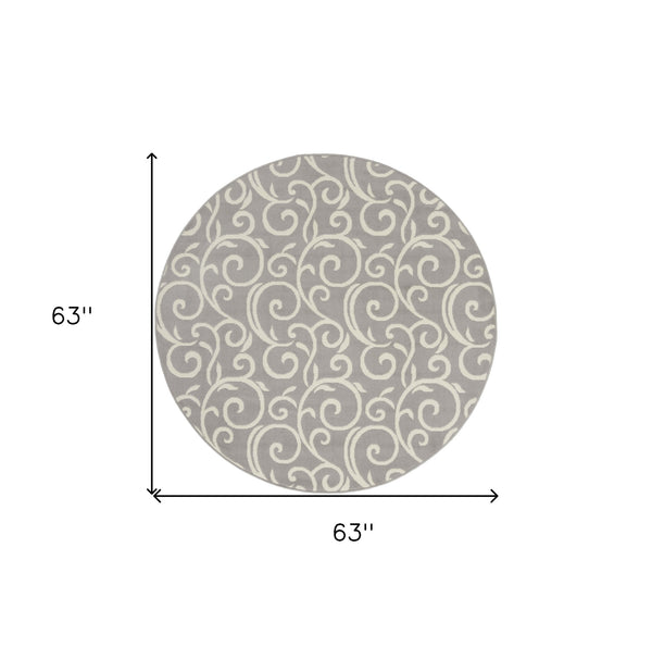 Homeroots 5' Gray And Ivory Round Floral Vines Power Loom Area Rug  Polypropylene 546057