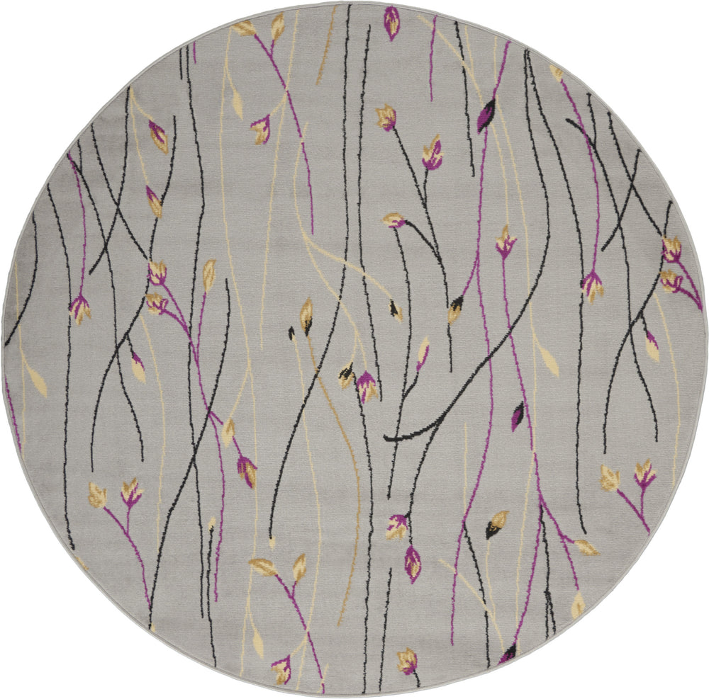 Homeroots 5' Gray And Pink Round Floral Vines Power Loom Area Rug  Polypropylene 546058