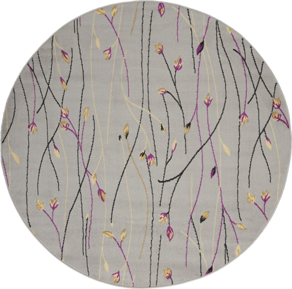 Homeroots 5' Gray And Pink Round Floral Vines Power Loom Area Rug  Polypropylene 546058