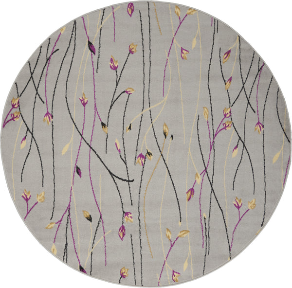 Homeroots 5' Gray And Pink Round Floral Vines Power Loom Area Rug  Polypropylene 546058