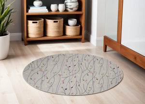 Homeroots 5' Gray And Pink Round Floral Vines Power Loom Area Rug  Polypropylene 546058