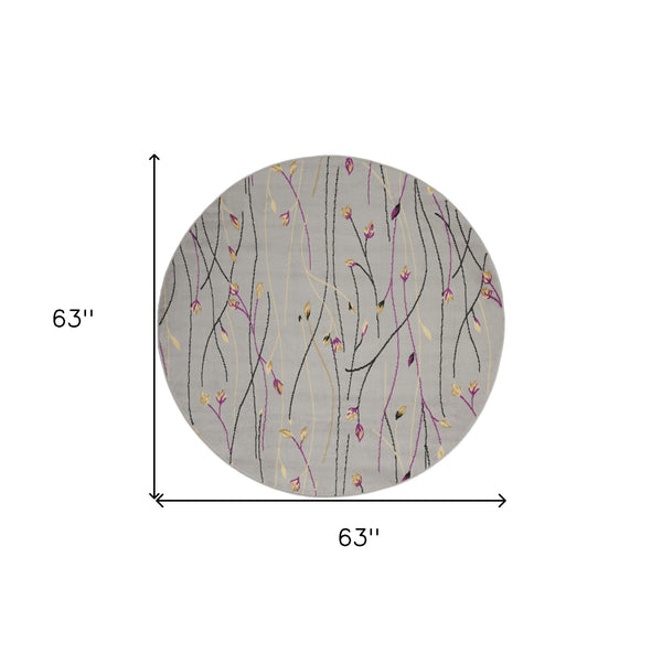 Homeroots 5' Gray And Pink Round Floral Vines Power Loom Area Rug  Polypropylene 546058