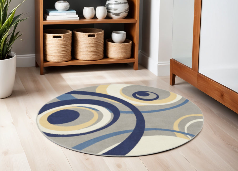 Homeroots 5' Gray And Blue Round Geometric Power Loom Area Rug  Polypropylene 546061