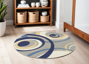 Homeroots 5' Gray And Blue Round Geometric Power Loom Area Rug  Polypropylene 546061