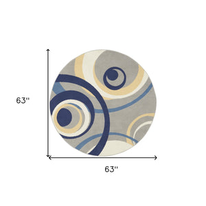 Homeroots 5' Gray And Blue Round Geometric Power Loom Area Rug  Polypropylene 546061