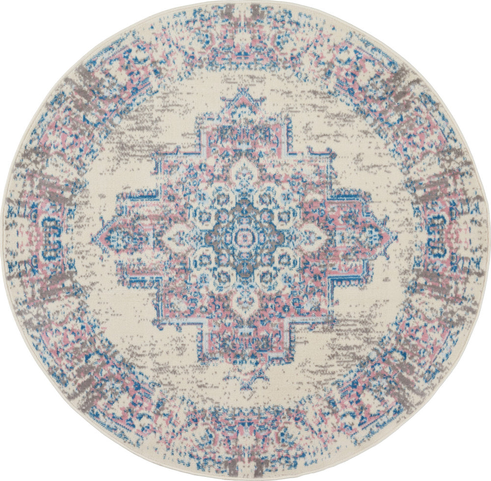 Homeroots 5' Ivory Pink And Blue Medallion Distressed Non Skid Round Rug  Polypropylene 546075
