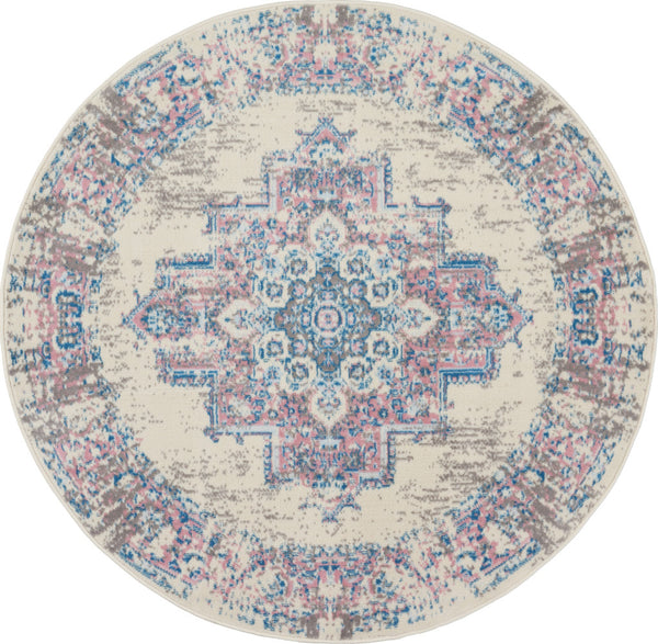 Homeroots 5' Ivory Pink And Blue Medallion Distressed Non Skid Round Rug  Polypropylene 546075
