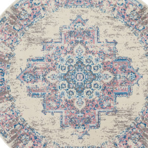 Homeroots 5' Ivory Pink And Blue Medallion Distressed Non Skid Round Rug  Polypropylene 546075