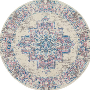 Homeroots 5' Ivory Pink And Blue Medallion Distressed Non Skid Round Rug  Polypropylene 546075