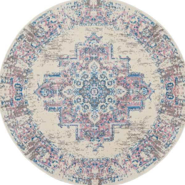 Homeroots 5' Ivory Pink And Blue Medallion Distressed Non Skid Round Rug  Polypropylene 546075