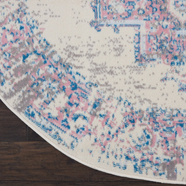 Homeroots 5' Ivory Pink And Blue Medallion Distressed Non Skid Round Rug  Polypropylene 546075