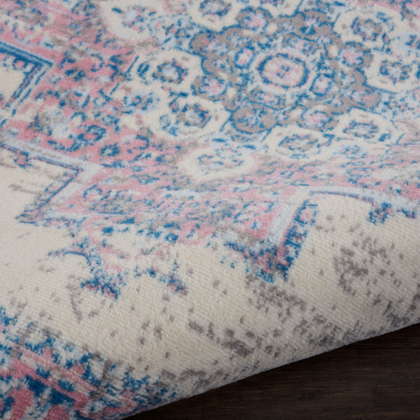 Homeroots 5' Ivory Pink And Blue Medallion Distressed Non Skid Round Rug  Polypropylene 546075