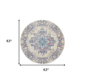 Homeroots 5' Ivory Pink And Blue Medallion Distressed Non Skid Round Rug  Polypropylene 546075