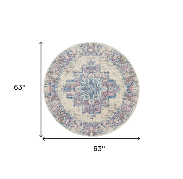 Homeroots 5' Ivory Pink And Blue Medallion Distressed Non Skid Round Rug  Polypropylene 546075