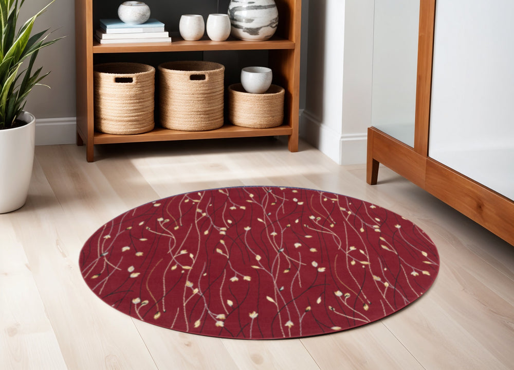 Homeroots 5' Red Black And Ivory Round Floral Vines Power Loom Area Rug  Polypropylene 546079