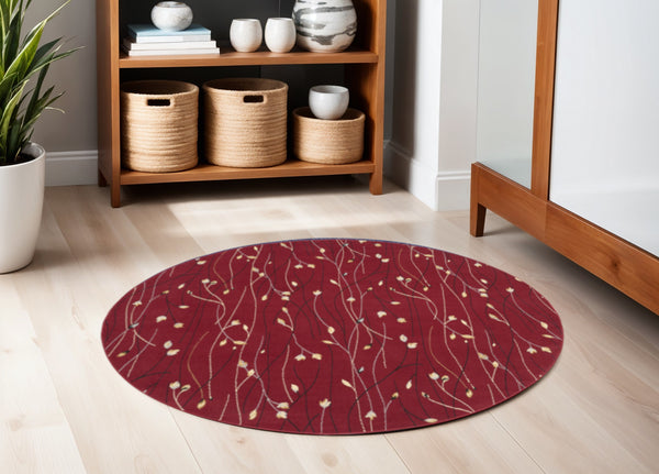 Homeroots 5' Red Black And Ivory Round Floral Vines Power Loom Area Rug  Polypropylene 546079