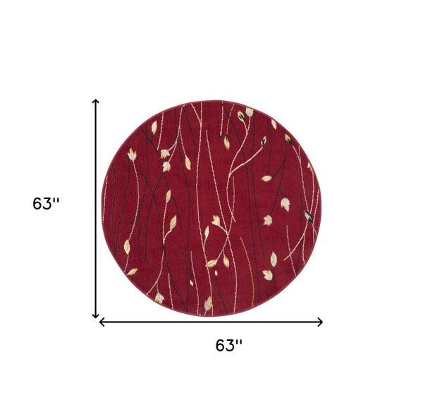 Homeroots 5' Red Black And Ivory Round Floral Vines Power Loom Area Rug  Polypropylene 546079