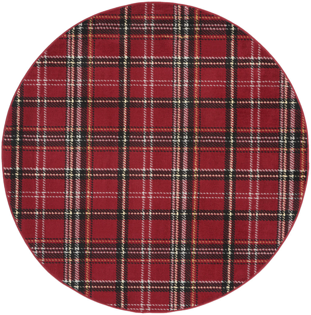 Homeroots 5' Red And Black Round Plaid Power Loom Area Rug  Polypropylene 546083